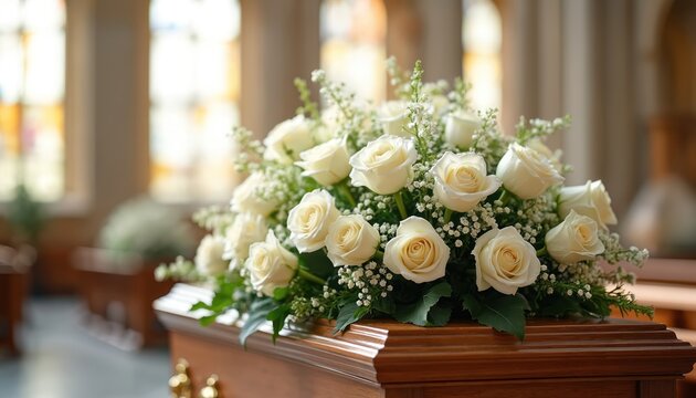 Funeral service in a church. A coffin covered in white roses is visible. Decoration for mourning. Floral arrangement for a deceased person. Religious ceremony.