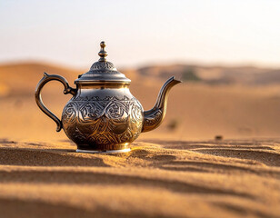 Ornate silver Moroccan teapot resting on golden desert sand dunes at sunset, evoking traditional