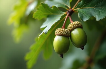 Obraz premium Two green unripe acorns hang from a tree branch with textured leaves. Nature scene shows new growth and future oak trees. Organic seed develops in natural setting.