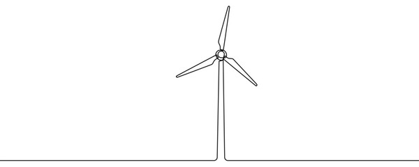 Wind turbine with three blades, mounted vertically. Symbol of renewable energy, clean power, ecology, and sustainability in one line art style with editable black stroke. Vector illustration.