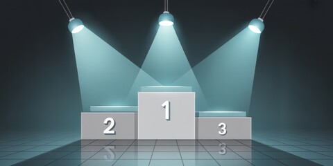 Winners podium for first second and third place award ceremony illuminated by spotlights on reflective floor