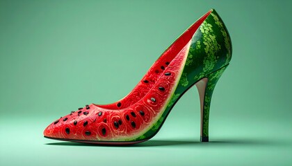 An absurdly surreal scene features a watermelon-shaped high-heeled shoe with a green and red color scheme on display.