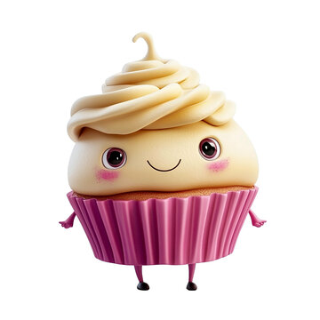 Niedlich dekorierter s&uuml;&szlig;er Kuchen, Character-Cupcake, freigestellt vor transparentem Hintergrund, Generative AI