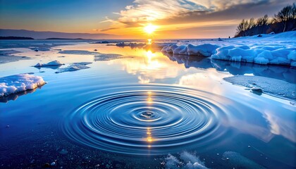Season Change From Ice to Water With Light and Ripples at Sunset by the Shore