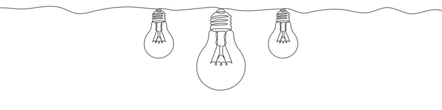 A garland or string of three light bulbs of different sizes, symbolizing illumination and ideas. Drawing in one line art style with editable black stroke. Vector illustration.