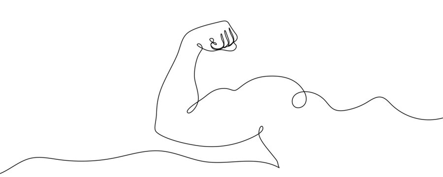 A bent arm with a tense bicep and a clenched fist, symbolizing strength and power. Drawing in one line art style with editable black stroke. Vector illustration.