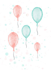 Watercolor balloons on a white background for greeting card or birthday celebration, hand painted clip art.