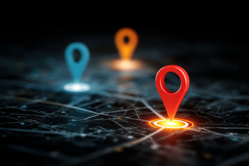 Glowing location pins connected on a digital map illustrating navigation, tracking and smart technology