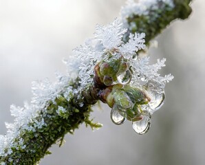 Spring Drops Form on Ice Crystals in Nature During the Transition From Winter to Spring Season