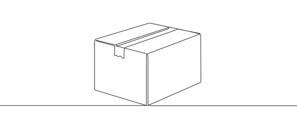 A closed cardboard box sealed with tape, symbolizing delivery, parcel, or storage. Drawing in one line art style with editable black stroke. Vector illustration.