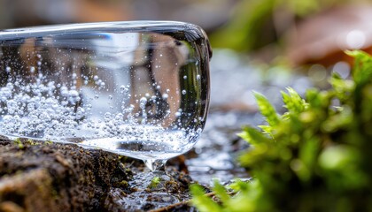 Spring Drops and Ice Crystals on the Ground With Liquid Droplets and Plant Details in Nature