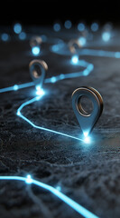 Glowing location pins connected on a digital map illustrating navigation, tracking and smart technology