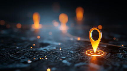 Glowing location pins connected on a digital map illustrating navigation, tracking and smart technology