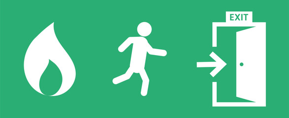 Fire Emergency Exit Signage: Universal Running Man and Flame Pictogram Vector