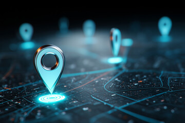 Glowing location pins connected on a digital map illustrating navigation, tracking and smart technology