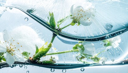Spring Drops on Ice With Fresh Blooms and Frozen Glass Texture Showing Natural Beauty