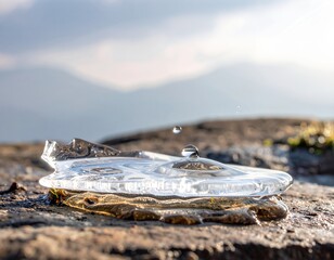 Thin Ice Layer Breaking Into Water Drops on Stone in Spring Setting With Background Mountains