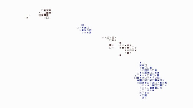 Hawaii animated shape. Pulsating colored dots on the map of the state. Small size square blocks. Digital style Hawaii map on white background. Modern animation video.