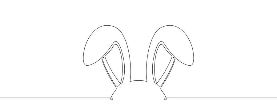 Rabbit or bunny ears peeking up from the bottom, symbolizing Easter, spring, and nature. Drawing in one line art style with editable black stroke. Vector illustration.