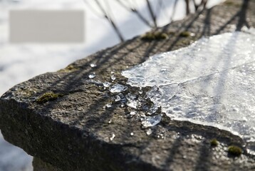 Spring Drops and Ice Layer Breaks Into Water on Stone During Warm Season