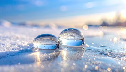 Water Droplets Sit on a Melting Ice Surface as Sunlight Shines