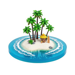 Miniature tropical island with palm trees tiki hut surfboard and ocean waves isolated on a transparent background