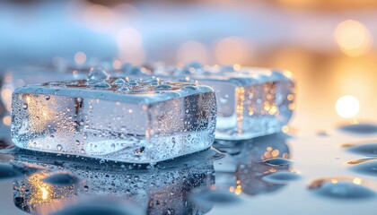 Spring Water Drops Flow Over Melting Ice Cubes as Sunlight Shines in the Background