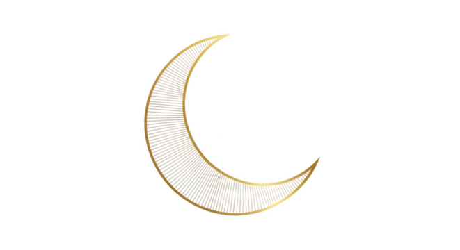 Ornate golden crescent moon shape with radiating lines and intricate details isolated on a transparent background - Powered by Adobe