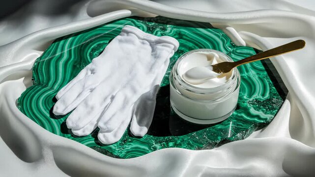 Skincare routine for spring. Hand care cream and white cotton gloves on a malachite tray. Luxury beauty product for skin protection