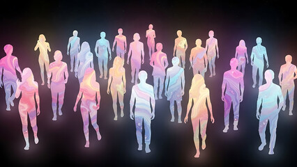 Vibrant crowd of glowing human silhouettes in colorful abstract forms