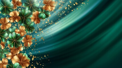 St. Patrick&rsquo;s Day elegant shamrock banner with gold accents and copy space, ideal for St. Patrick&rsquo;s Day promotions, holiday marketing, event invitations, website headers and seasonal design projects