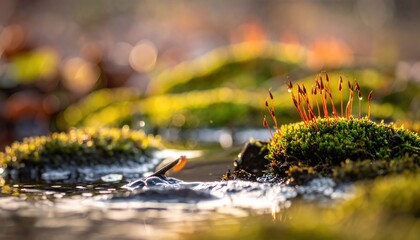 Spring Melody of the Earth Showing Macro Detail of Moss and Water During the Morning Light
