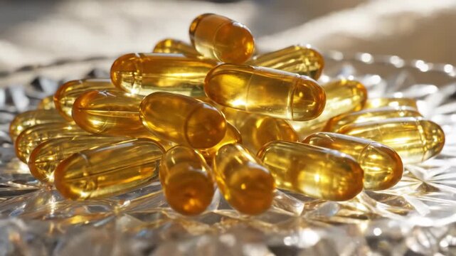 Close-up of golden vitamin softgel capsules on a reflective surface. Health and nutrition supplements with dynamic light reflections. Beauty and wellness concept for spring