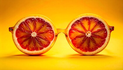 A surreal scene featuring citrus fruits absurdly wearing sunglasses on a bright yellow background
