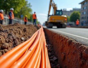 Orange cables lay in trench during roadwork. Workers stand nearby, excavator works on street. Fiber optic install for internet network. Road infrastructure project. Urban cable laying construction.