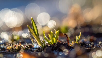 Spring Thaw Reveals New Growth and Water Droplets on Small Plants in Green Landscape