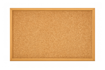 Empty cork board with a wooden frame, providing a blank background for notes, announcements, and ideas. Isolated on transparent