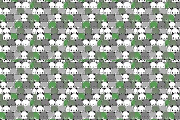 Cute panda bear faces in green, gray, and white seamless pattern