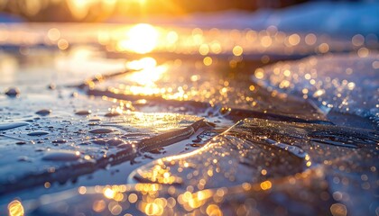 Spring Thaw Shows Melting Ice Textures and Patterns in Close up With Sunlight Shining Through