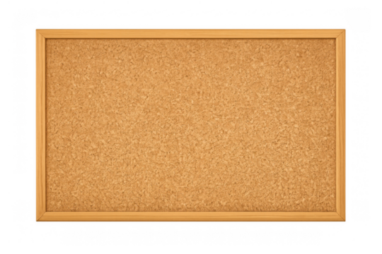 Empty cork board with a wooden frame, providing a blank background for notes, announcements, and ideas. Isolated on transparent - Powered by Adobe