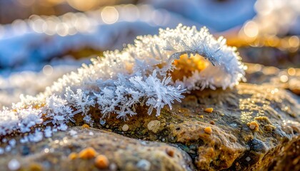 Macro View of Melting Frost on Stone Surface Showing Textures and Patterns in Morning Light