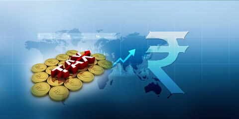 3D rendering illustration Rupee currency in gold coin with gst tax 