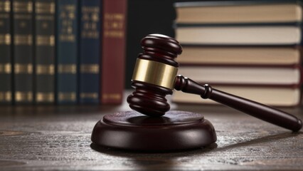 Obraz premium Wooden gavel resting on sound block, law books in background, courtroom concept, justice and legal system, dramatic lighting