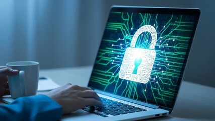 Professional cybersecurity specialist actively securing data on laptop with digital lock, promoting online safety and trust - Powered by Adobe