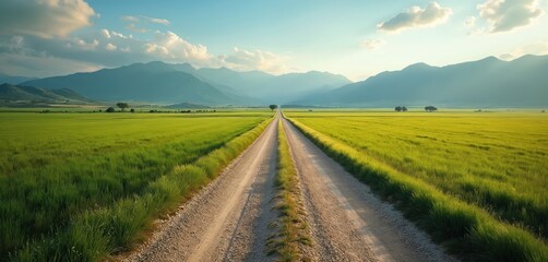 Dirt road through green field leads toward mountains. Scenic open space captures sense of journey and freedom. Peaceful rural landscape represents travel and adventure in the countryside under sky.
