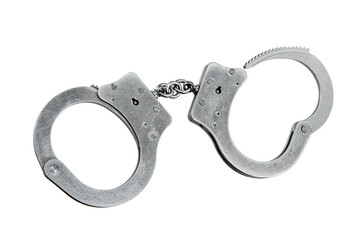 Metal handcuffs on white background