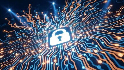 Cybersecurity shield protecting data with moving circuit patterns for modern digital protection, encryption and network security solutions - Powered by Adobe