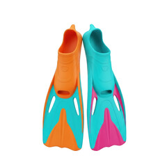 Two colorful swim fins one orange and teal the other teal and pink isolated on a transparent background