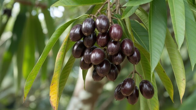 Close-up of ripe dark purple jamun fruits hanging on a tree branch with green leaves.