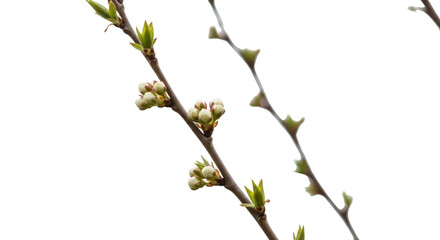 Two tree branches with green buds and new leaves against isolated on a transparent background leaf